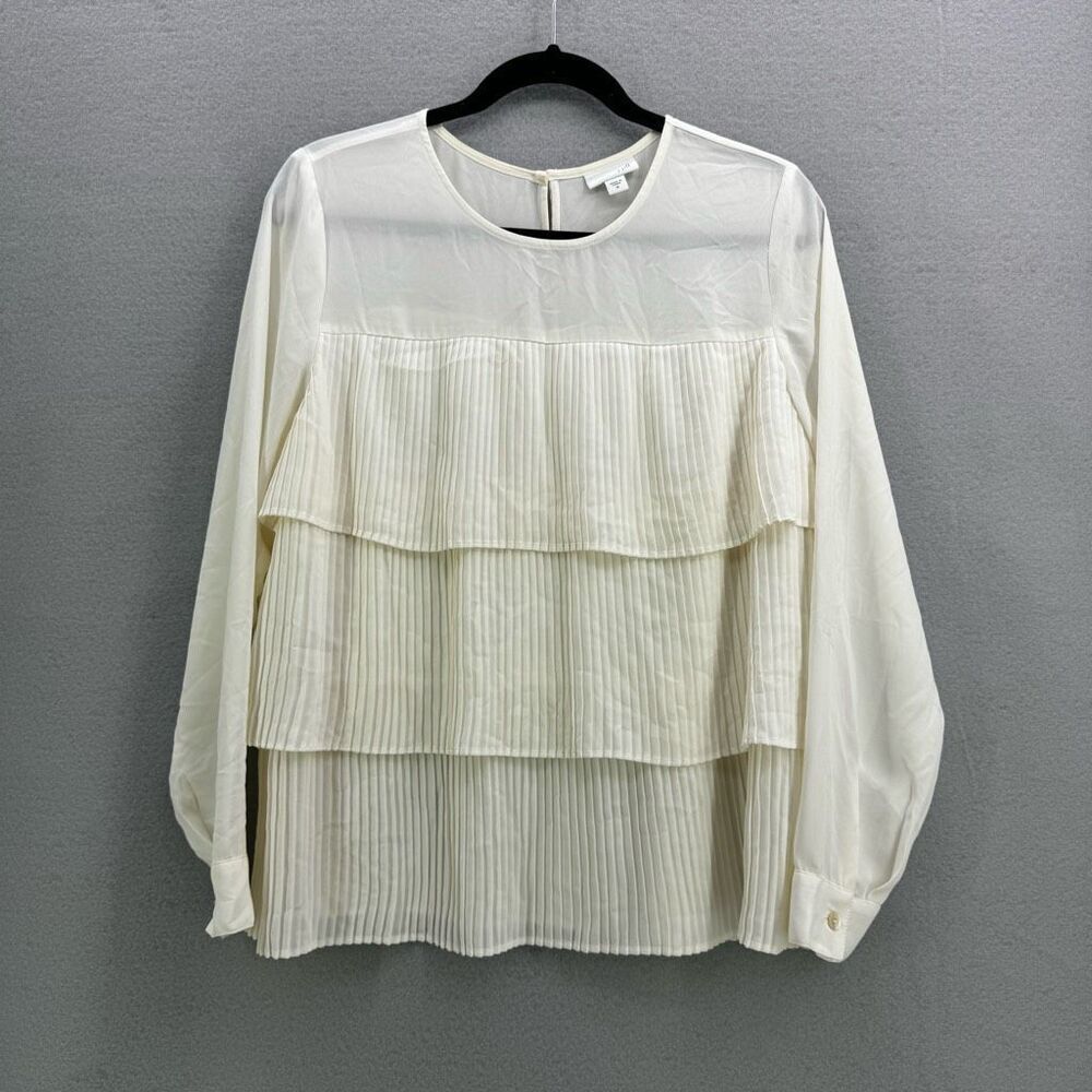 J. Jill Womens Cream Pleated Three Tiered Long Sleeve Chiffon Blouse Medium